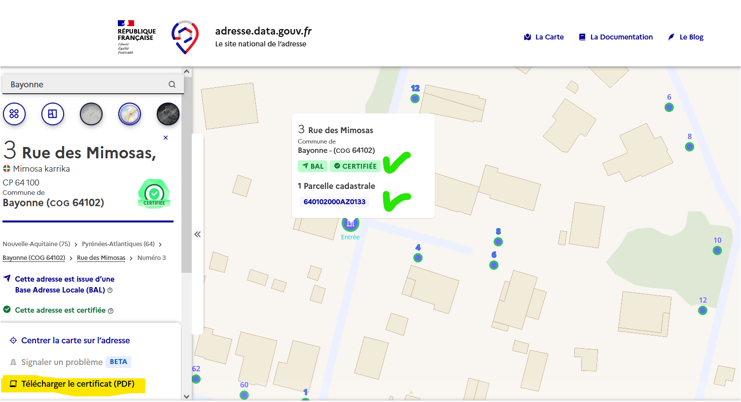 Explication téléchargement certificat en pdf sur l'explorateur BAN